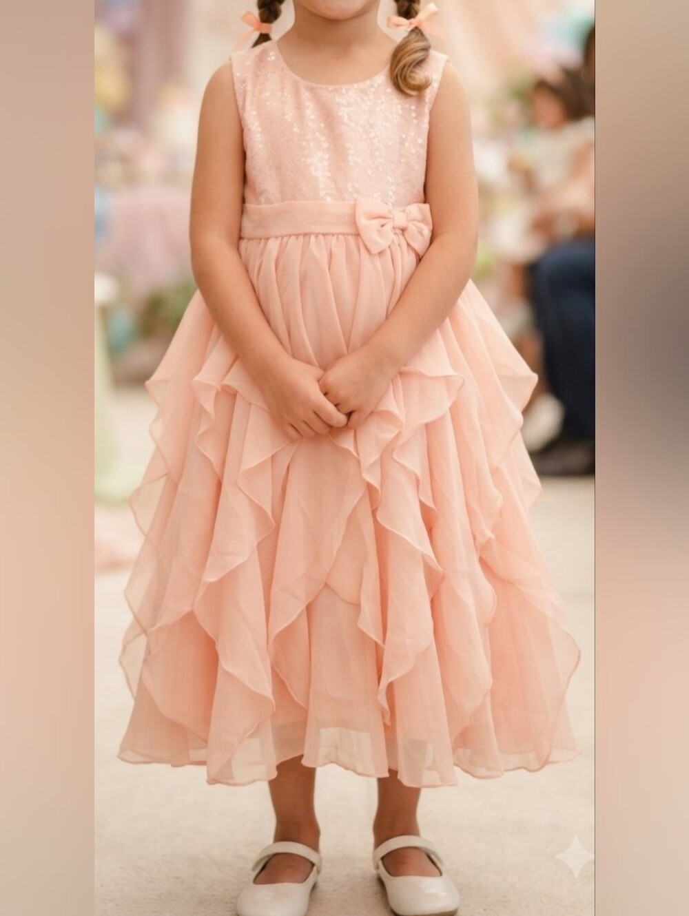 Girls Peach Sequin & Ruffle Party Dress Size 8